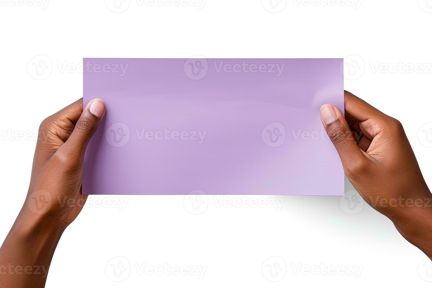 A human hand holding a blank sheet of purple paper or card isolated on a white background. ai generated photo