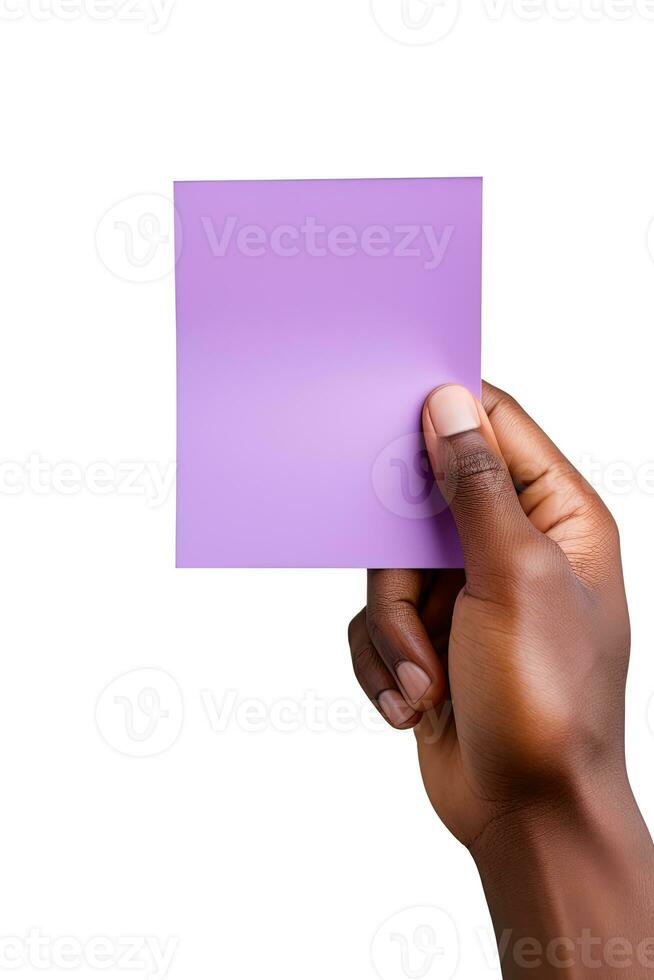 A human hand holding a blank sheet of purple paper or card isolated on a white background. ai generated photo