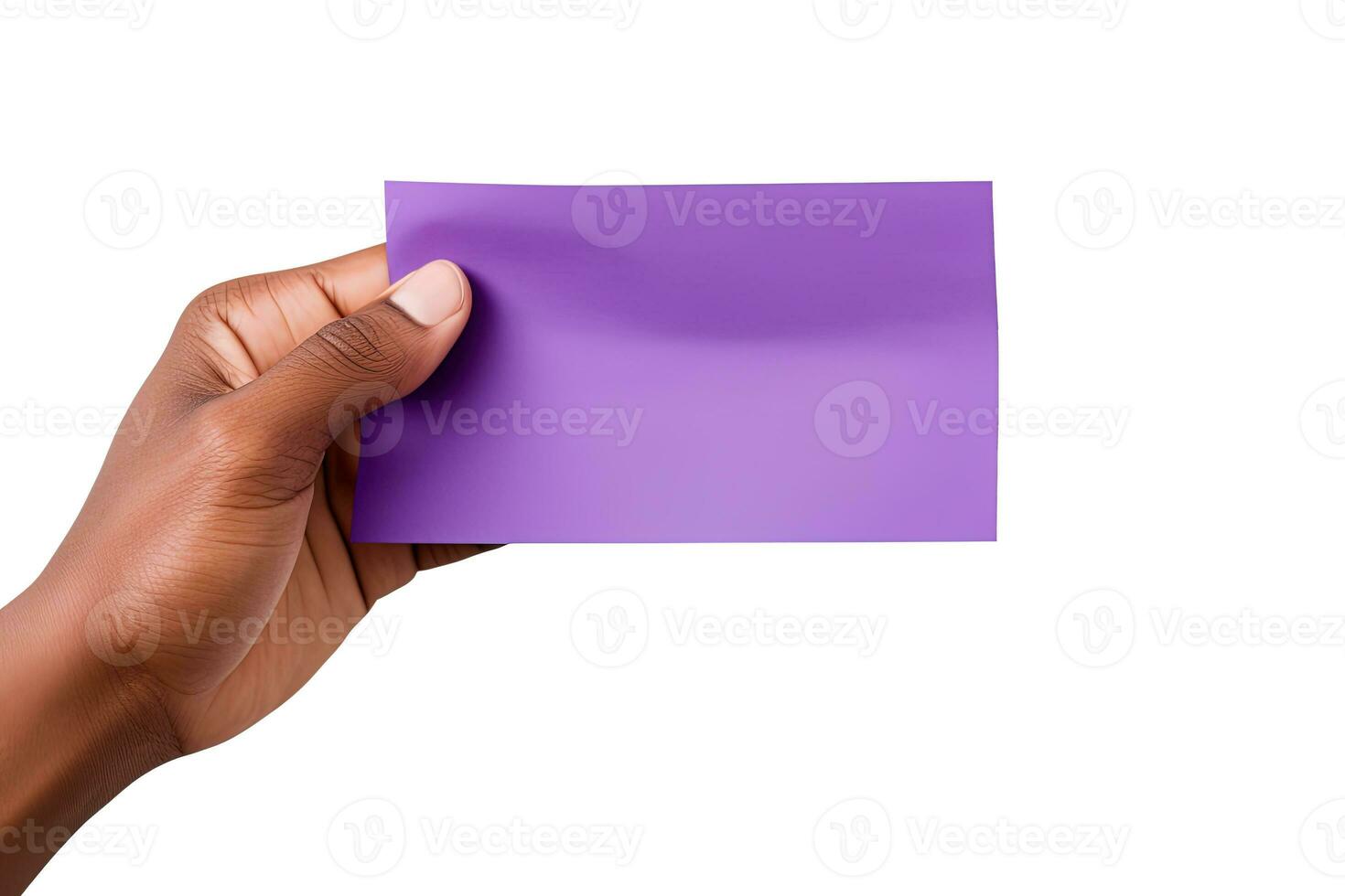 A human hand holding a blank sheet of purple paper or card isolated on a white background. ai generated photo