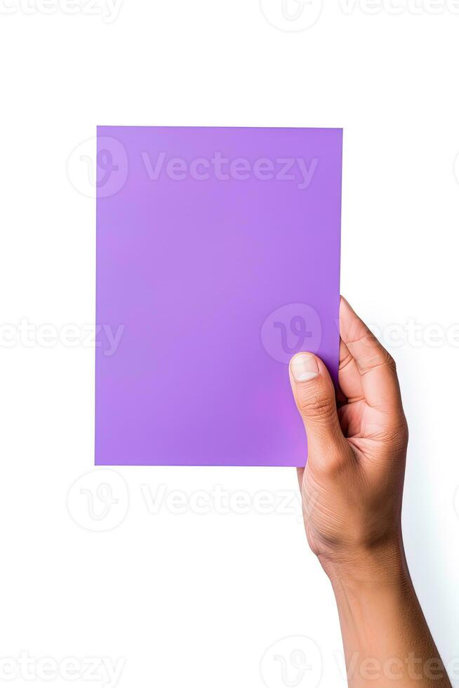 A human hand holding a blank sheet of purple paper or card isolated on a white background. ai generated photo