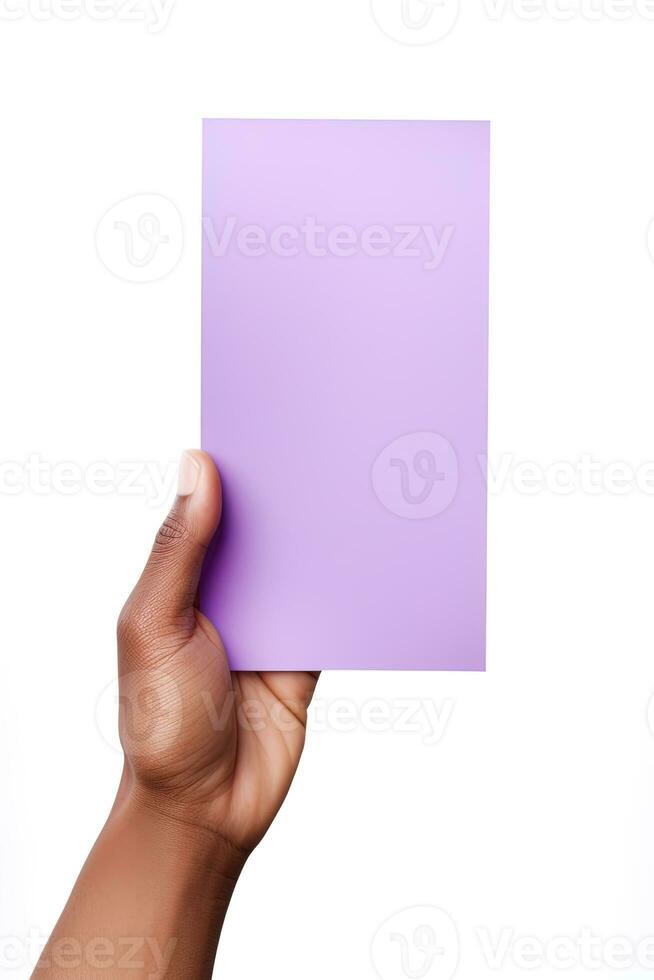 A human hand holding a blank sheet of purple paper or card isolated on a white background. ai generated photo