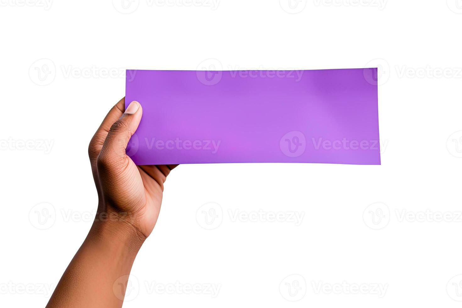 A human hand holding a blank sheet of purple paper or card isolated on a white background. ai generated photo