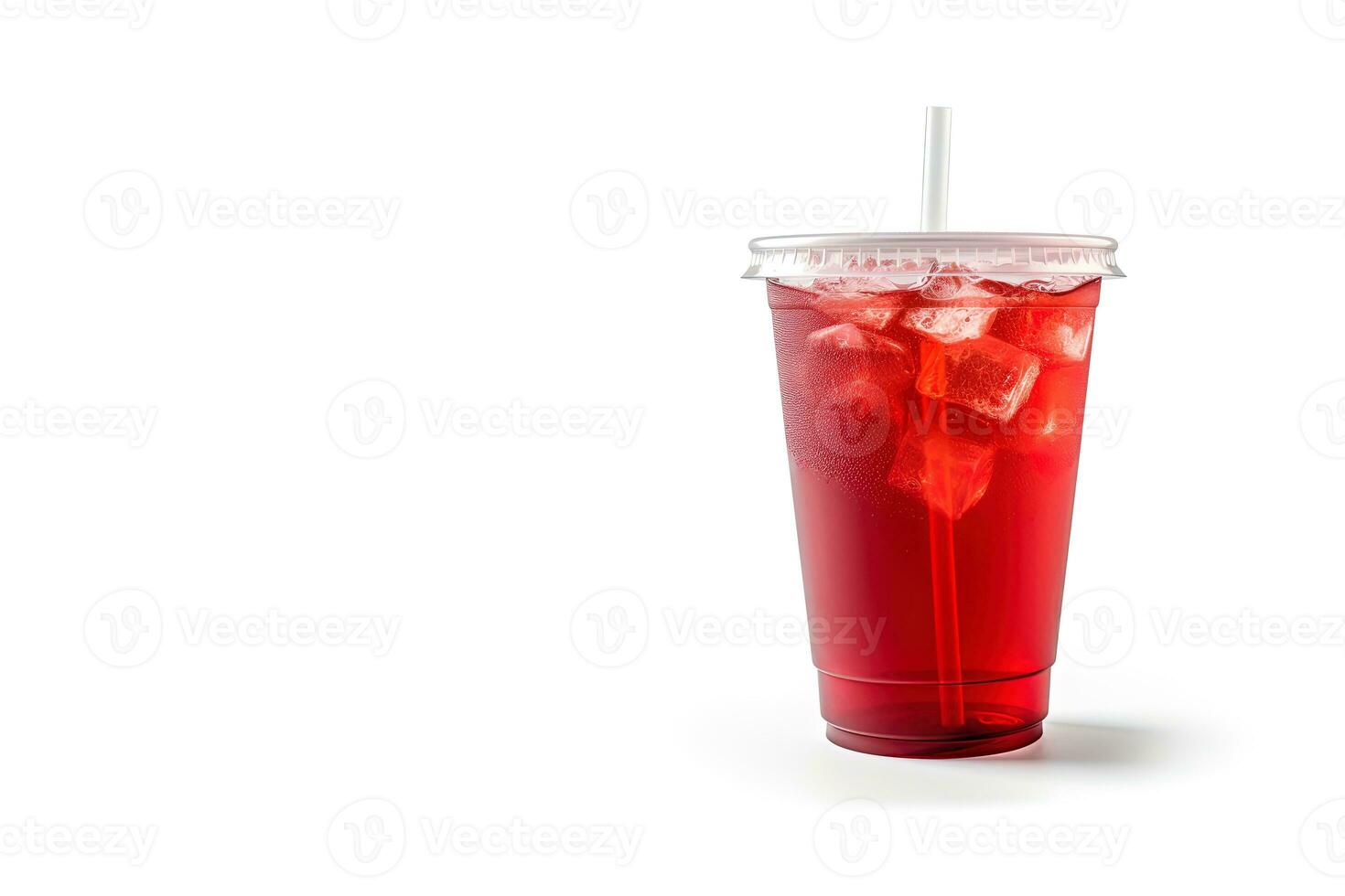 Red drink in a plastic cup isolated on a white background. Take away drinks concept with copy space. ai generated photo