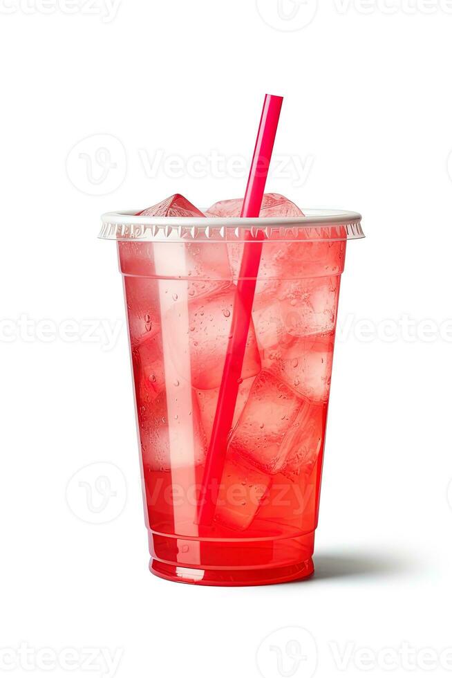 Red drink in a plastic cup isolated on a white background. Take away drinks concept. ai generated photo