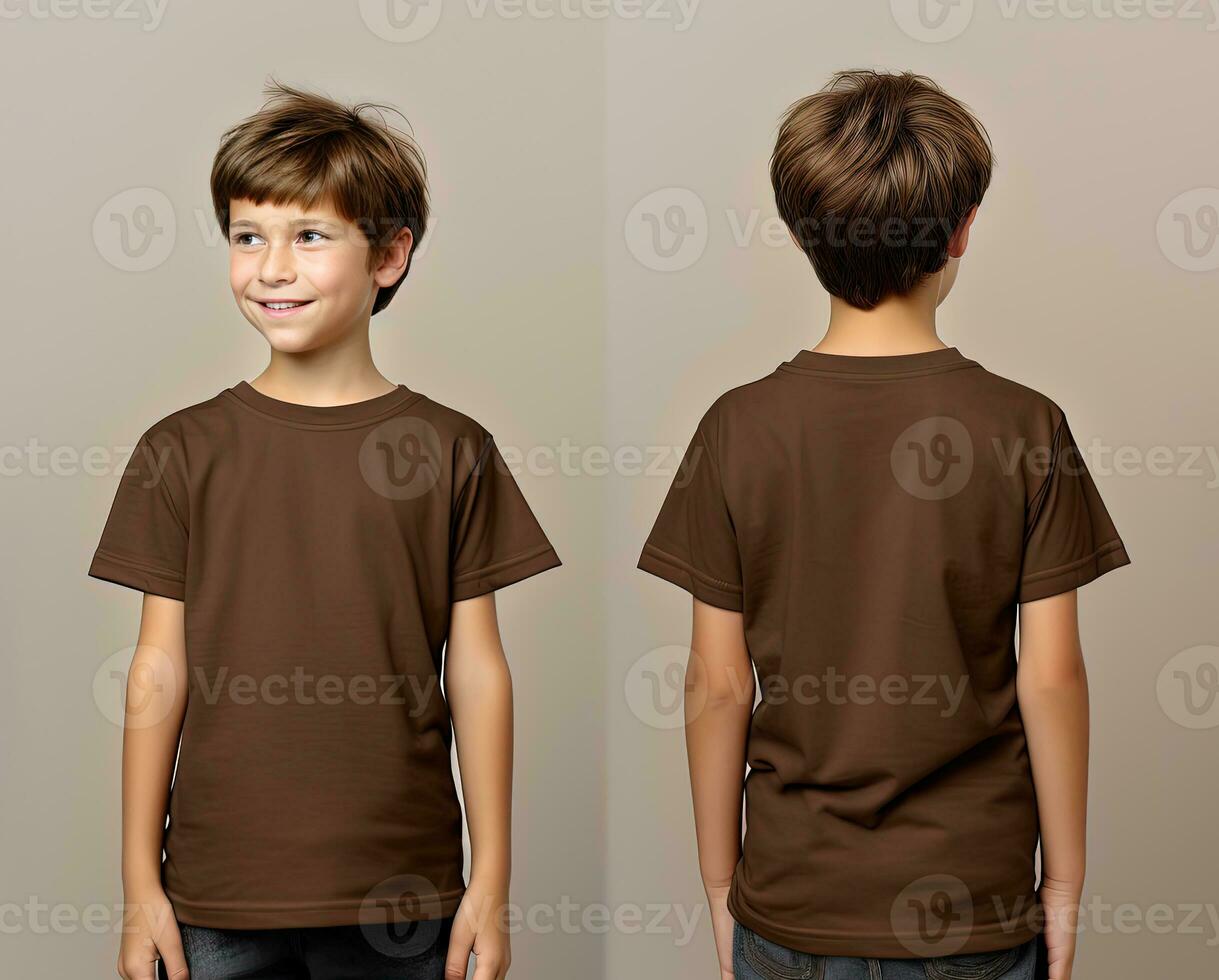 Front and back views of a little boy wearing a brown T-shirt. ai generated photo