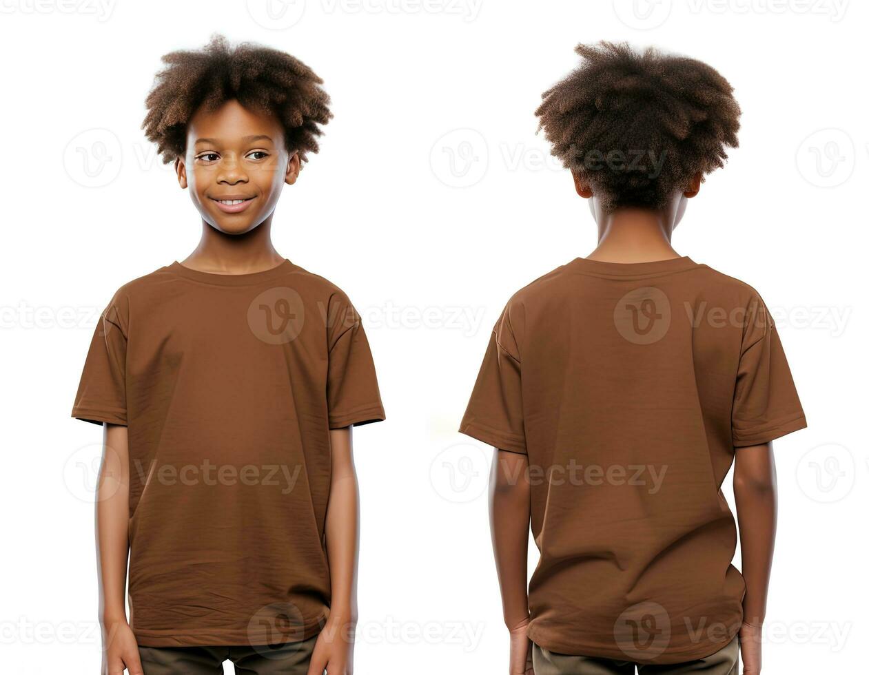 Front and back views of a little boy wearing a brown T-shirt. ai generated photo
