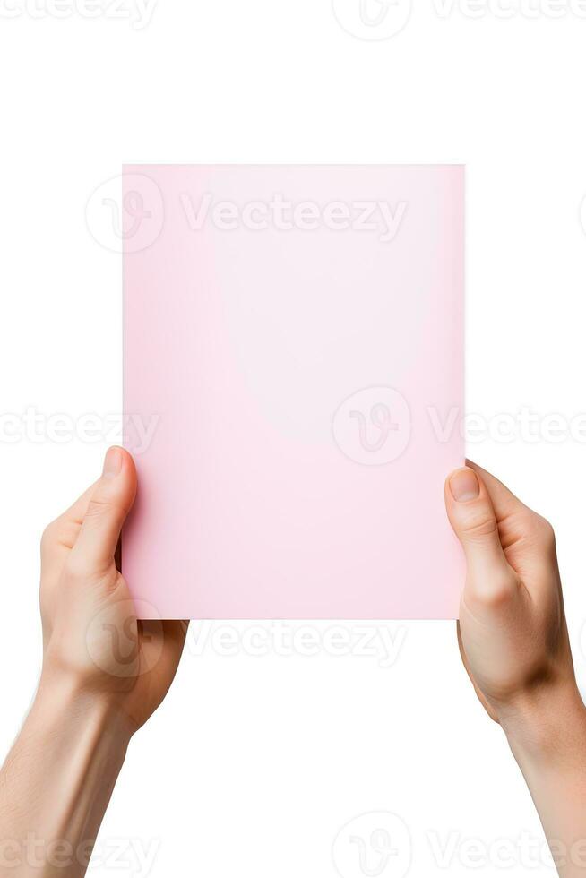 A human hand holding a blank sheet of pink paper or card isolated on a white background. ai generated photo