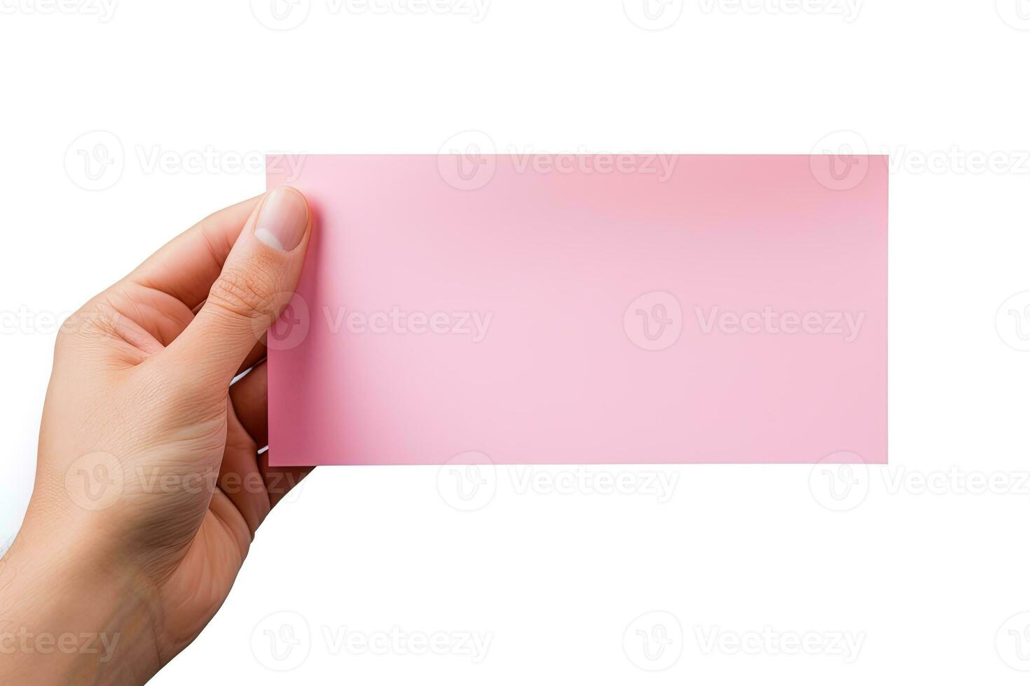 A human hand holding a blank sheet of pink paper or card isolated on a white background. ai generated photo