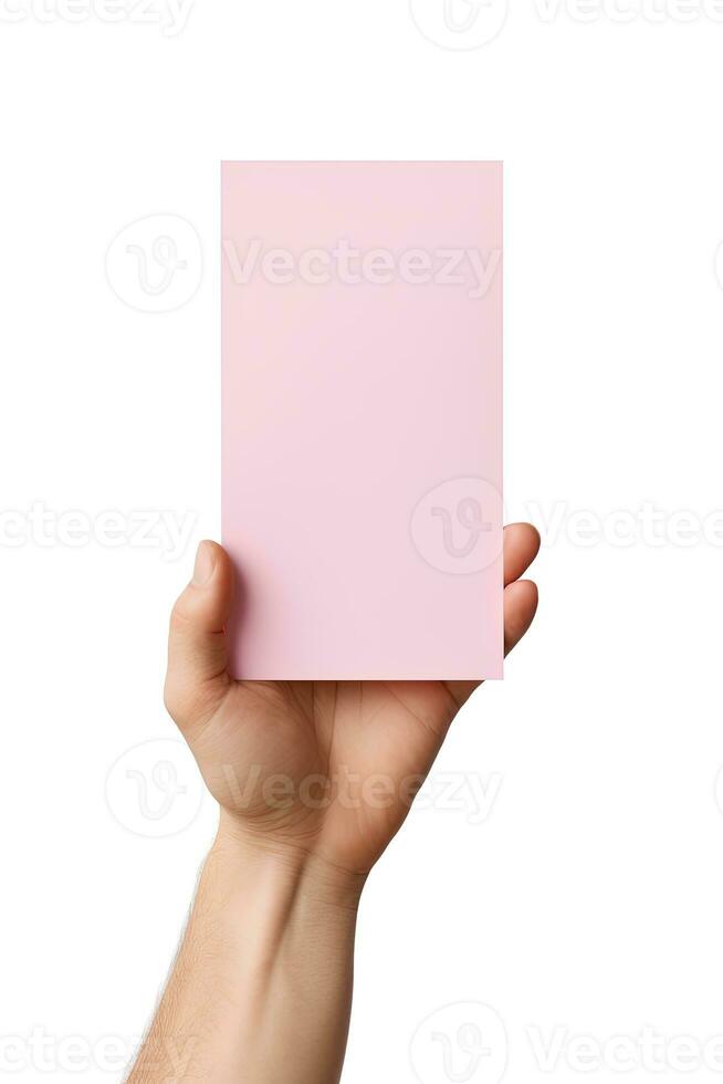 A human hand holding a blank sheet of pink paper or card isolated on a white background. ai generated photo