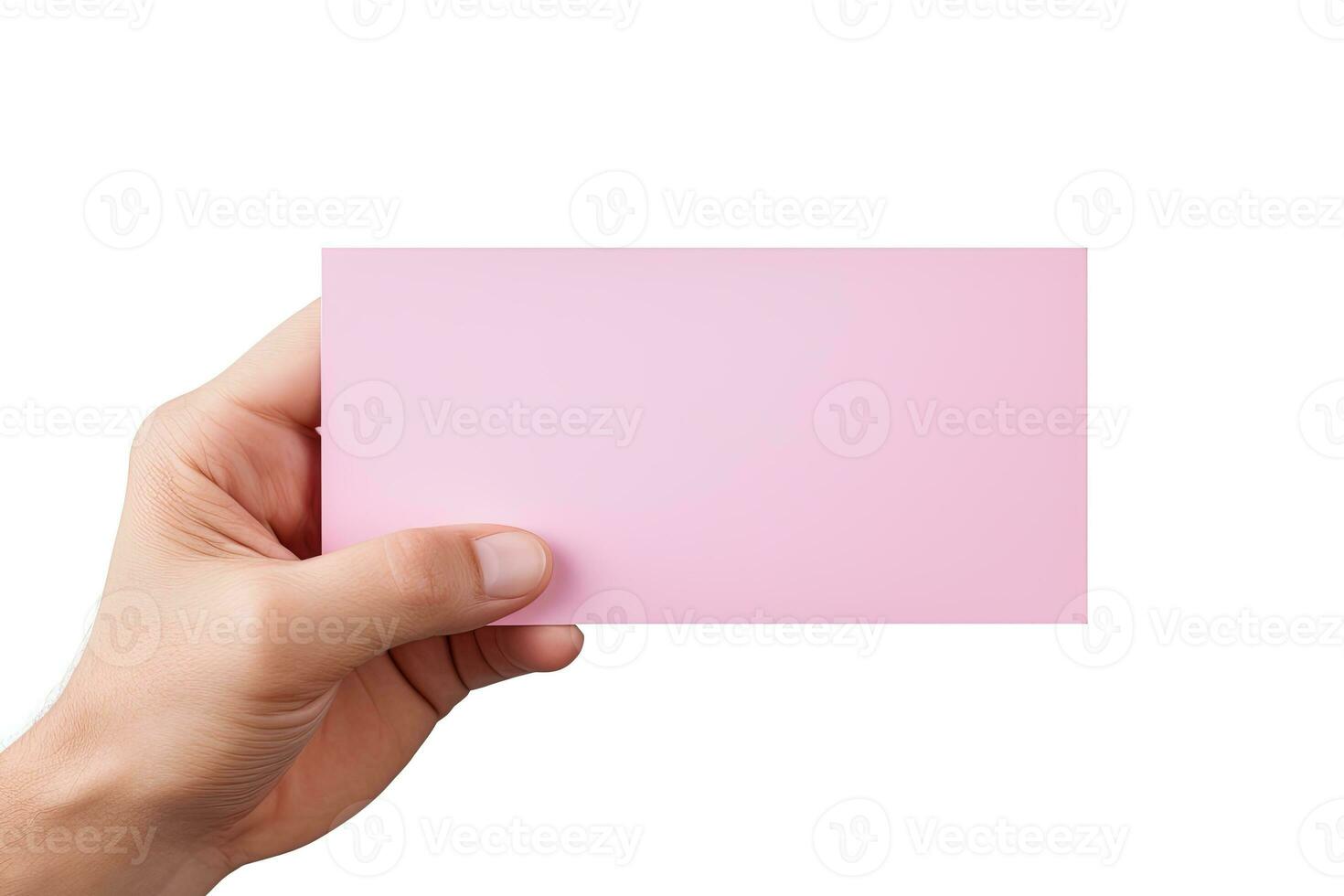 A human hand holding a blank sheet of pink paper or card isolated on a white background. ai generated photo