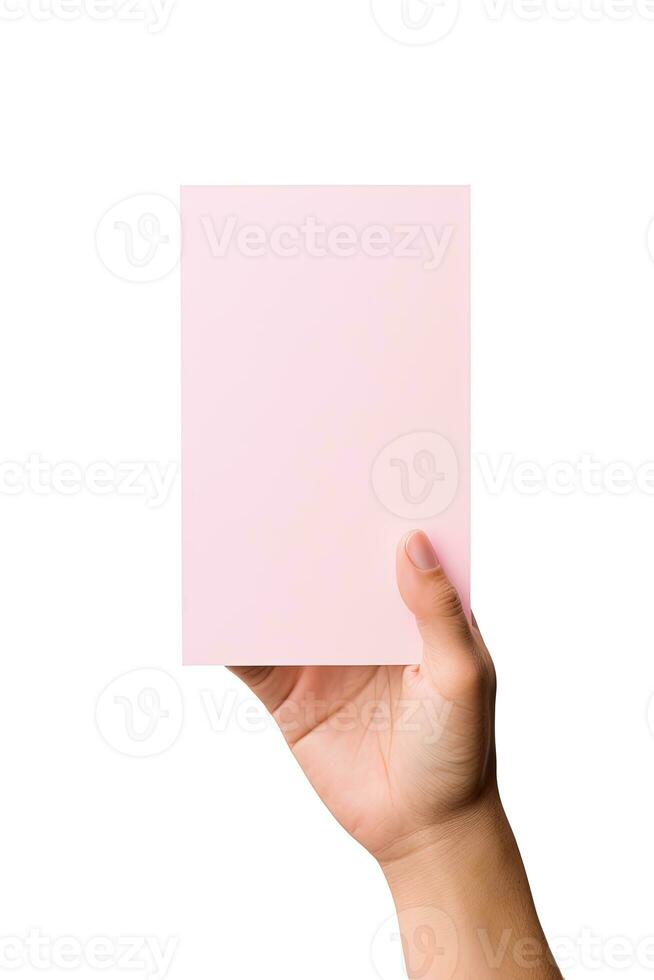 A human hand holding a blank sheet of pink paper or card isolated on a white background. ai generated photo