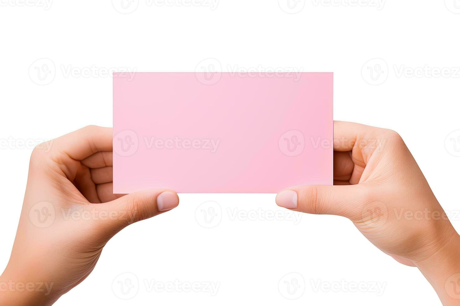 A human hand holding a blank sheet of pink paper or card isolated on a white background. ai generated photo