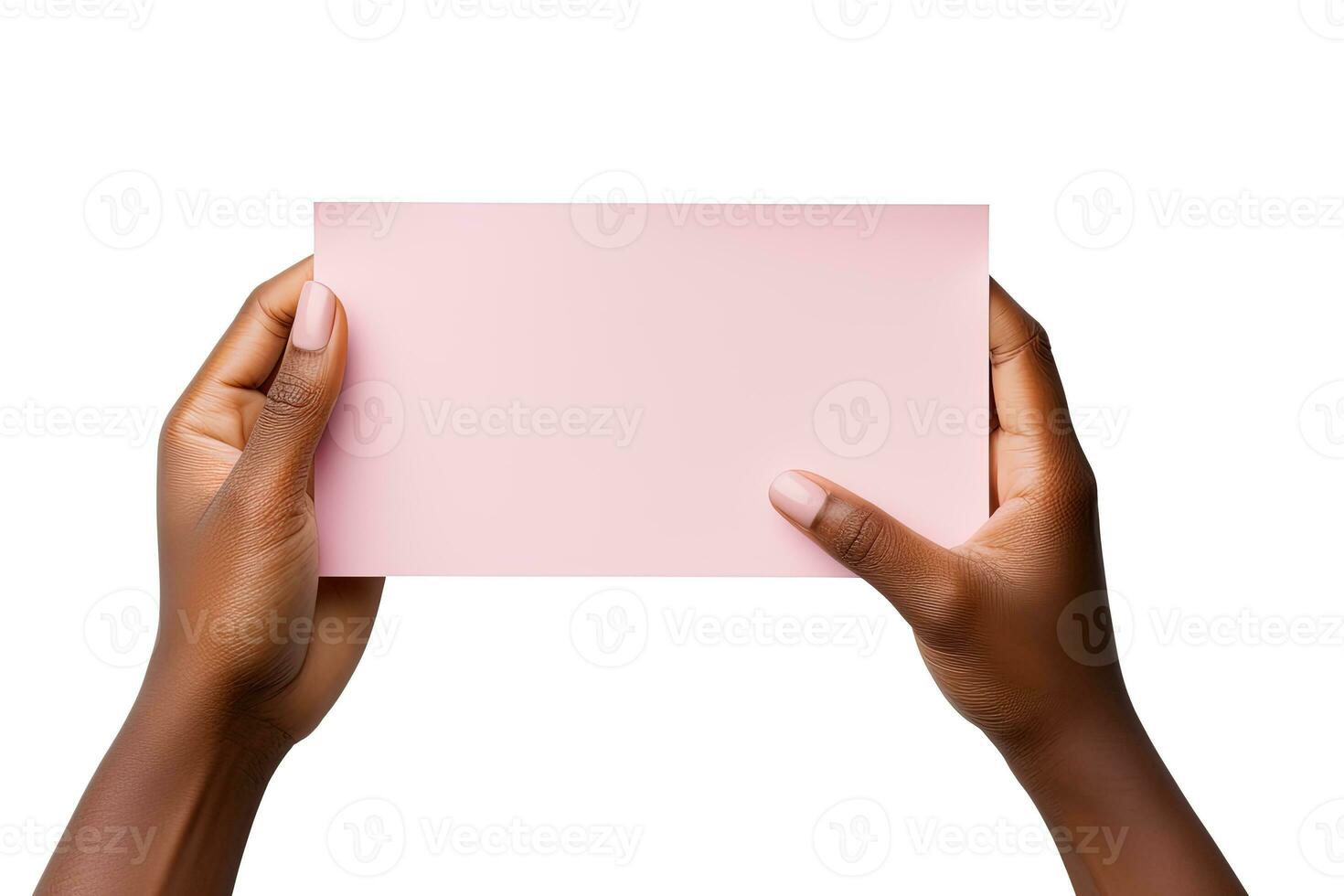 A human hand holding a blank sheet of pink paper or card isolated on a white background. ai generated photo