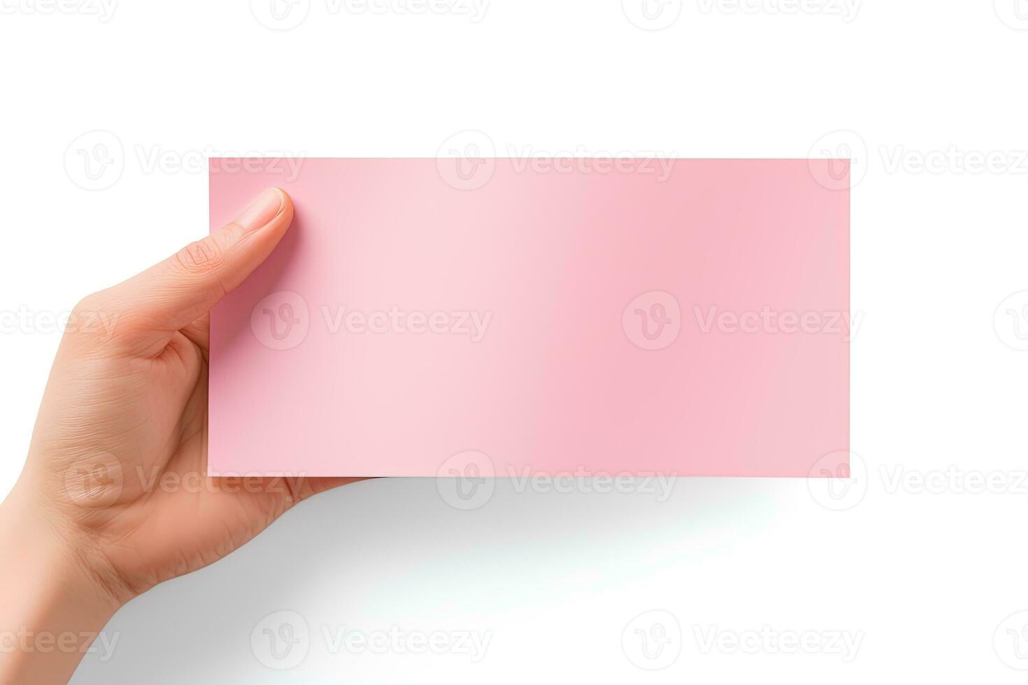 A human hand holding a blank sheet of pink paper or card isolated on a white background. ai generated photo