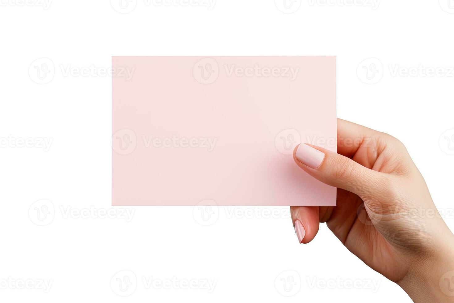 A human hand holding a blank sheet of pink paper or card isolated on a white background. ai generated photo