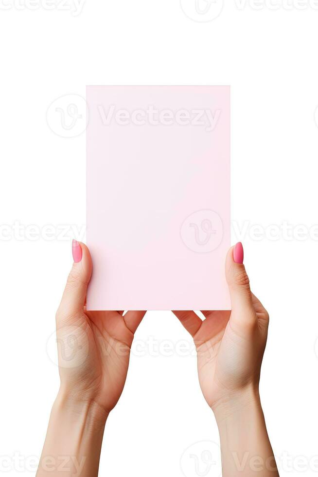 A human hand holding a blank sheet of pink paper or card isolated on a white background. ai generated photo