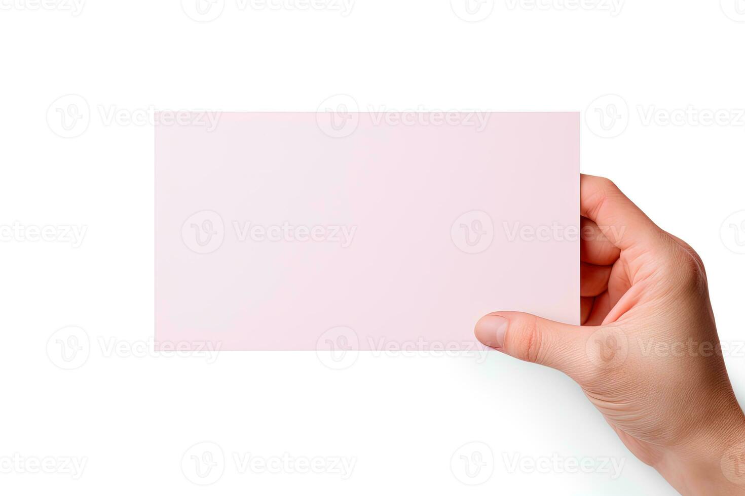 A human hand holding a blank sheet of pink paper or card isolated on a white background. ai generated photo