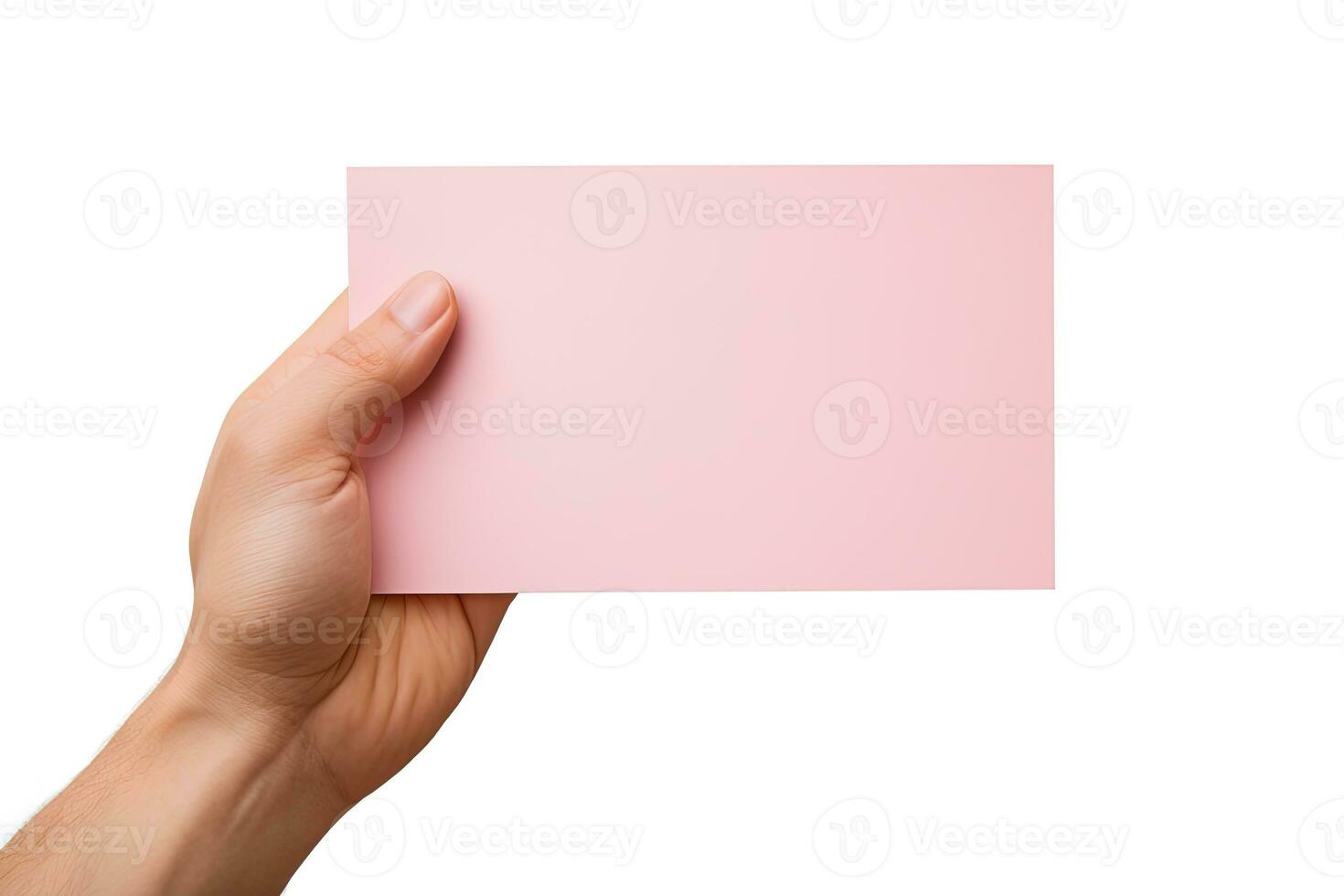 A human hand holding a blank sheet of pink paper or card isolated on a white background. ai generated photo