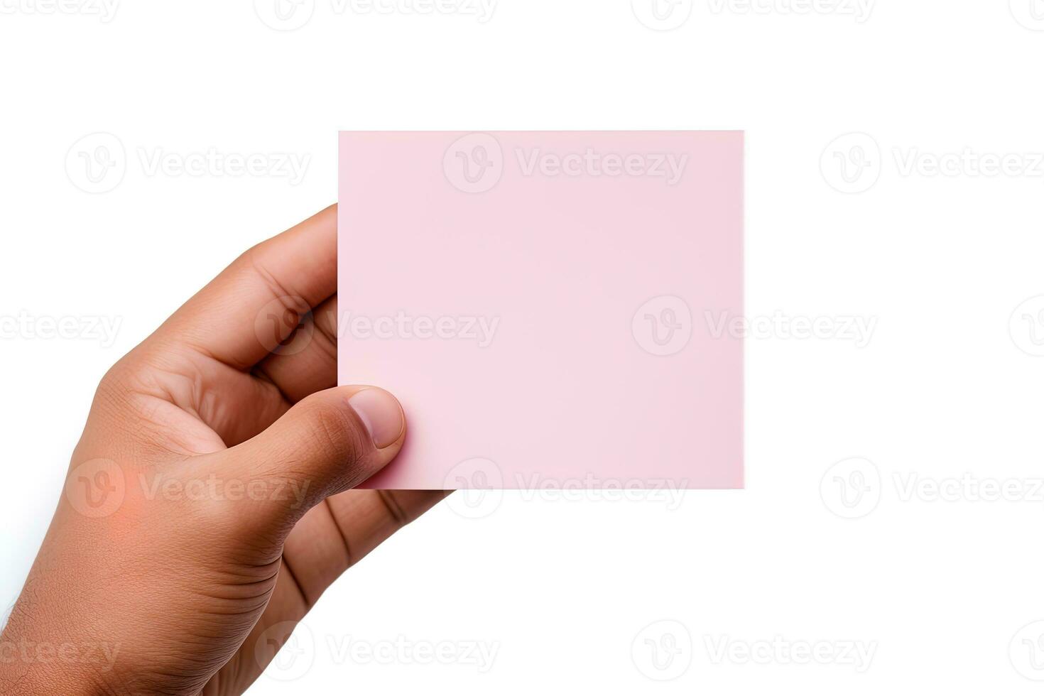 A human hand holding a blank sheet of pink paper or card isolated on a white background. ai generated photo