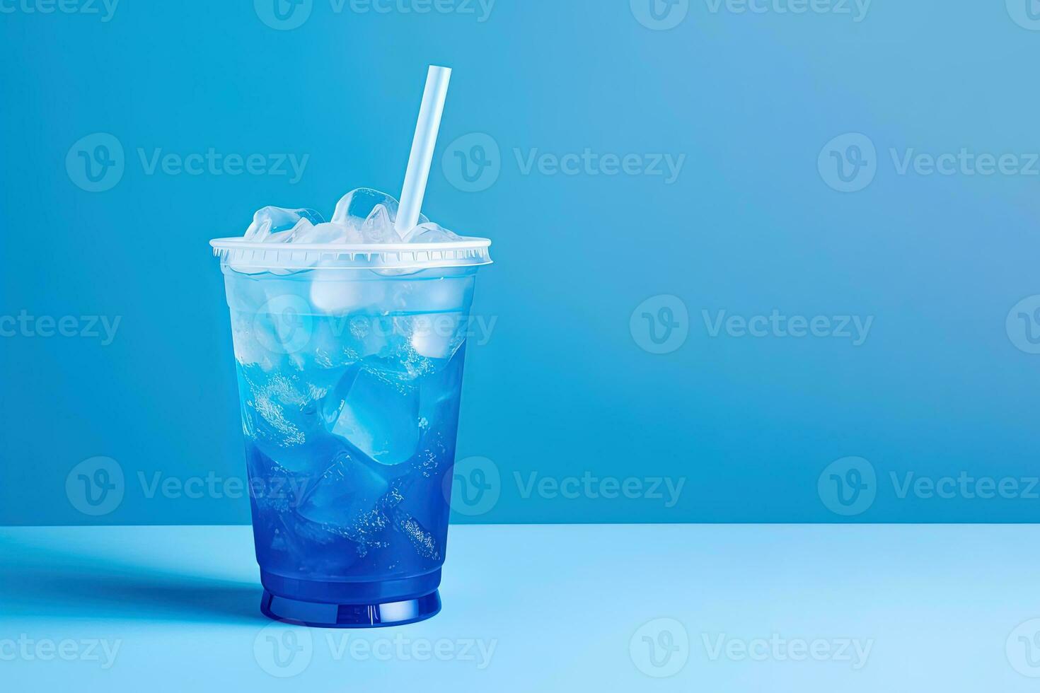 Blue drink in a plastic cup isolated on a blue background. Take away drinks concept with copy space. ai generated photo