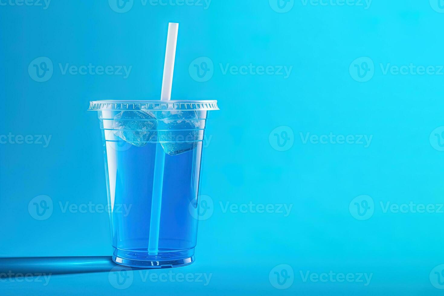 Blue drink in a plastic cup isolated on a blue background. Take away drinks concept with copy space. ai generated photo