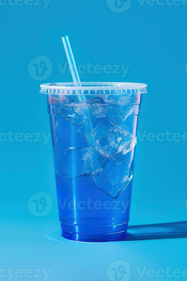 Blue drink in a plastic cup isolated on a blue background. Take away drinks concept. ai generated photo