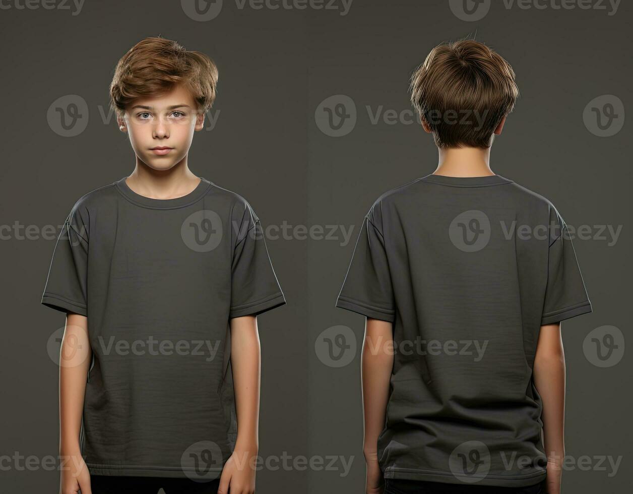 Front and back views of a little boy wearing a grey T-shirt. ai generated photo
