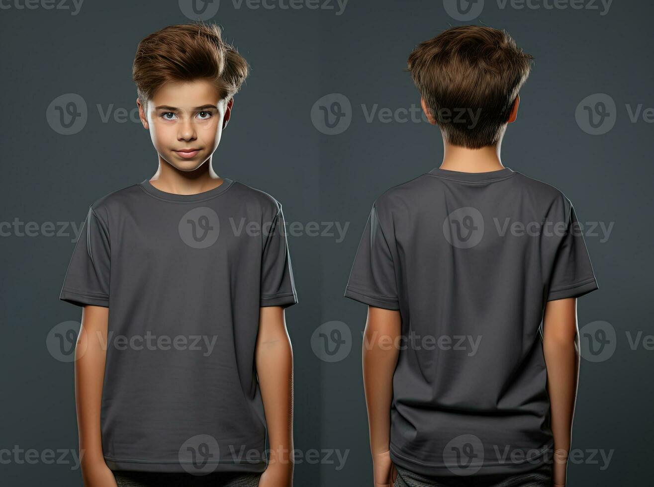 Front and back views of a little boy wearing a grey T-shirt. ai generated photo