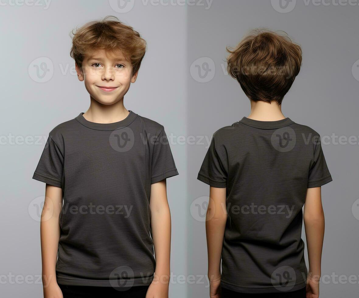Front and back views of a little boy wearing a grey T-shirt. ai generated photo