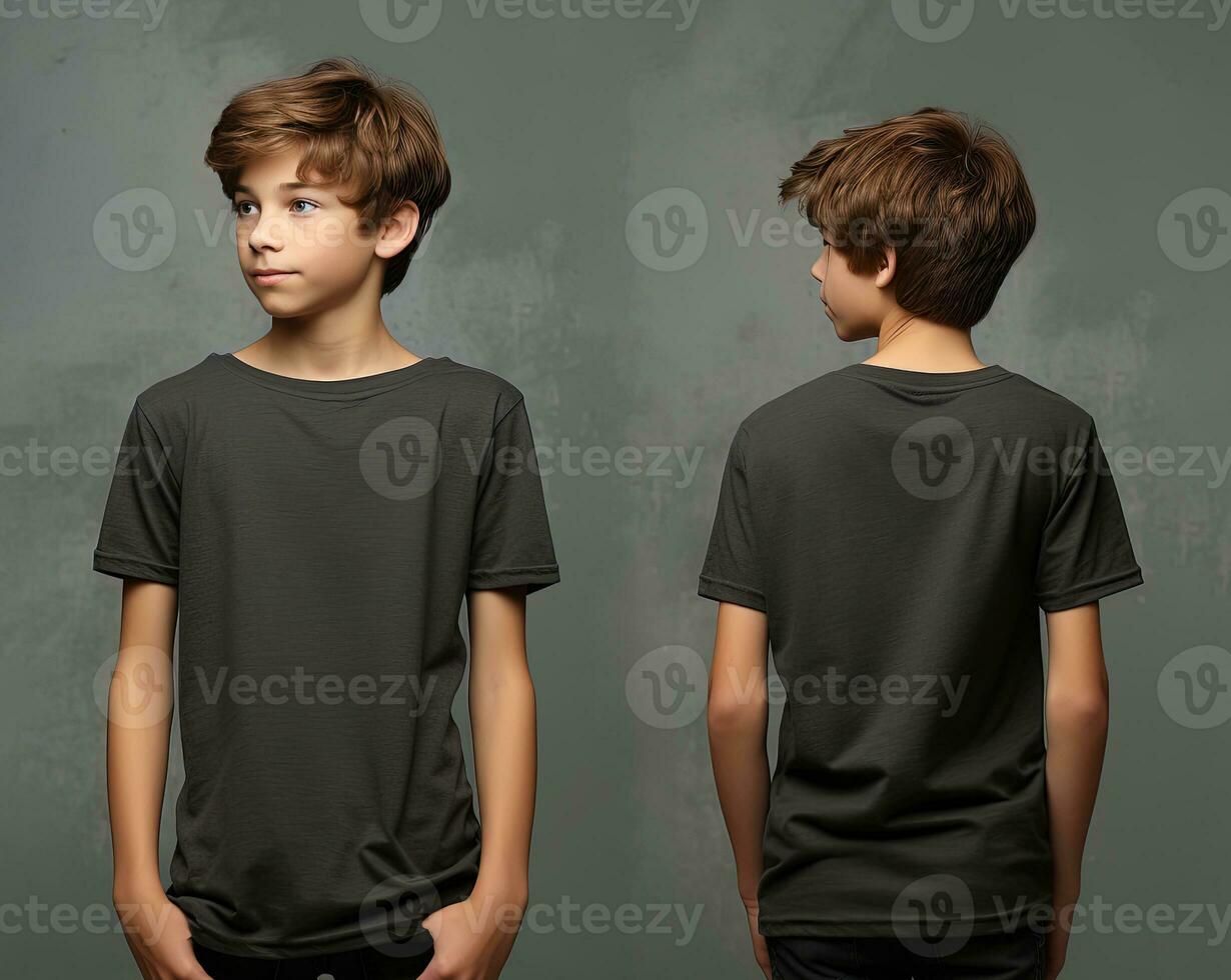 Front and back views of a little boy wearing a grey T-shirt. ai generated photo