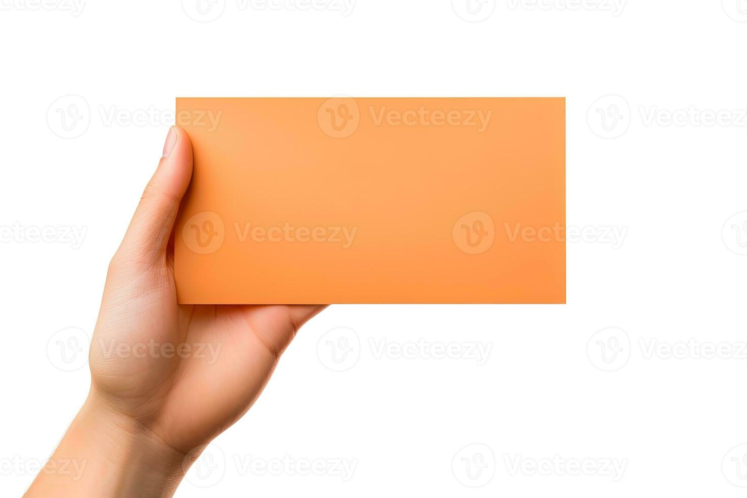 A human hand holding a blank sheet of orange paper or card isolated on a white background. ai generated photo