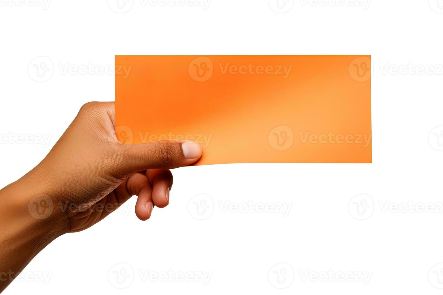 A human hand holding a blank sheet of orange paper or card isolated on a white background. ai generated photo