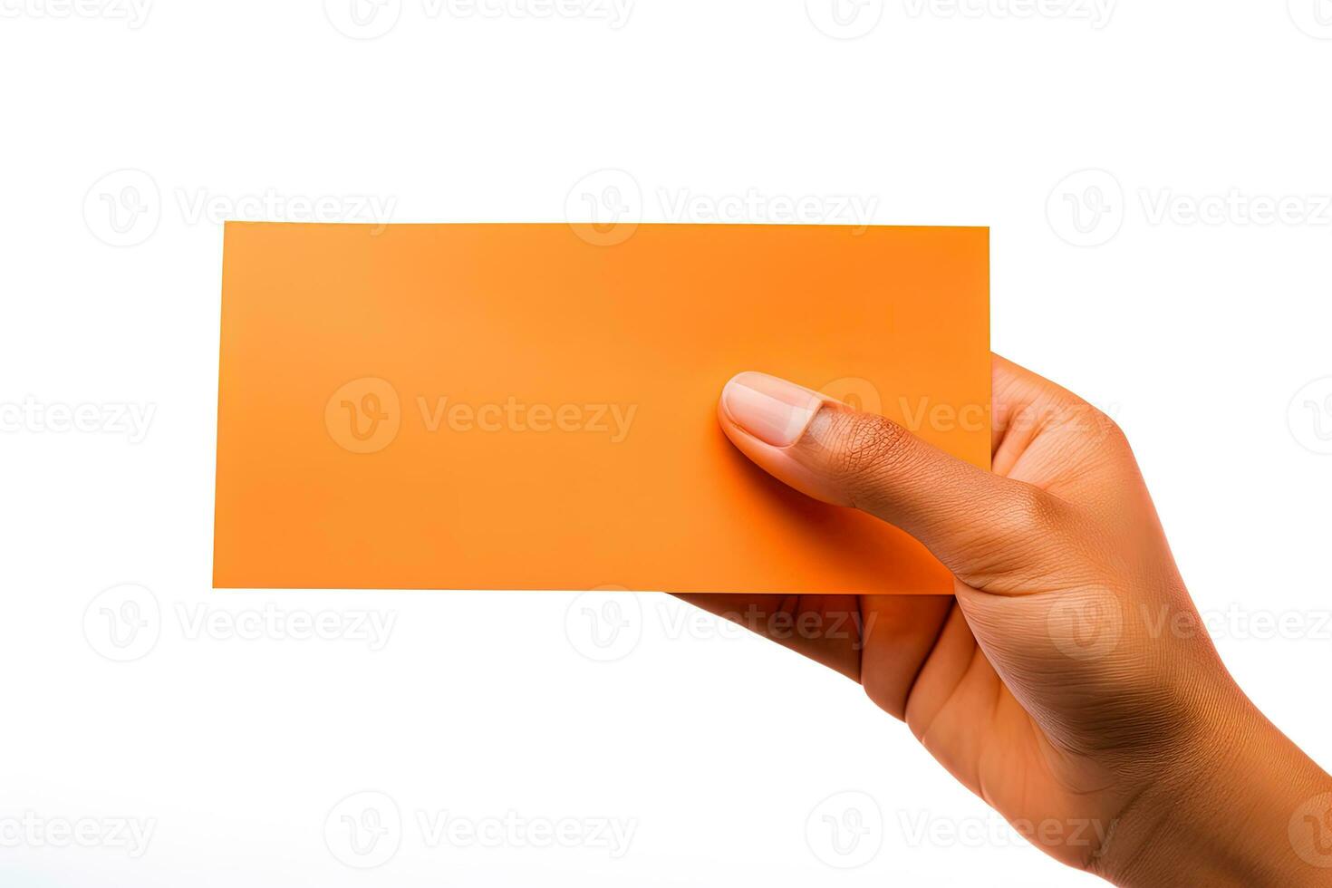 A human hand holding a blank sheet of orange paper or card isolated on a white background. ai generated photo