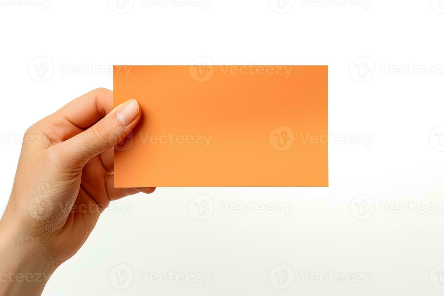 A human hand holding a blank sheet of orange paper or card isolated on a white background. ai generated photo