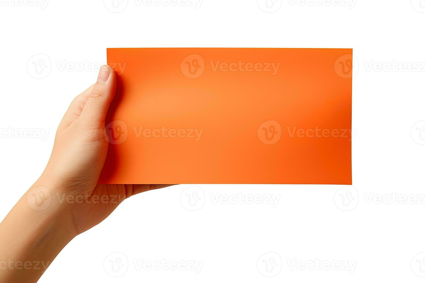 A human hand holding a blank sheet of orange paper or card isolated on a white background. ai generated photo