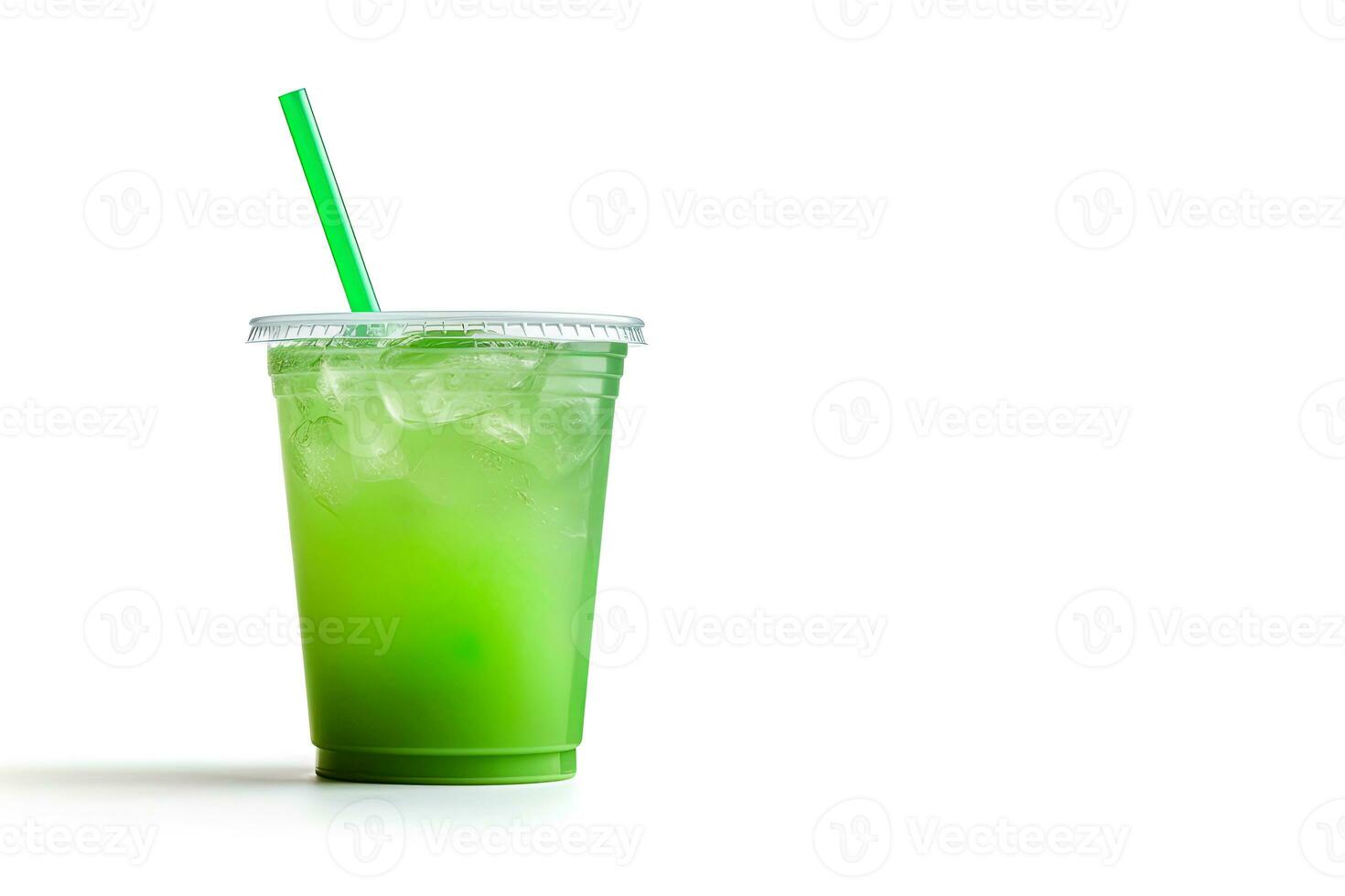 Green drink in a plastic cup isolated on a white background. Take away drinks concept with copy space. ai generated photo