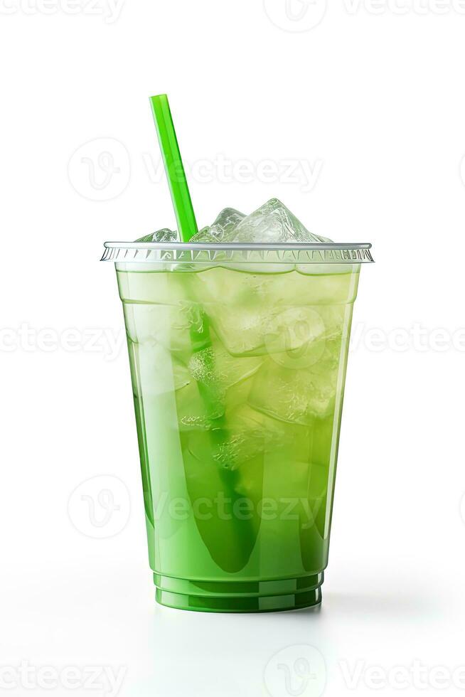 Green drink in a plastic cup isolated on a white background. Take away drinks concept with. ai generated photo