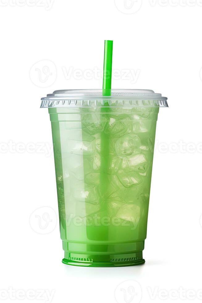 Green drink in a plastic cup isolated on a white background. Take away drinks concept with. ai generated photo