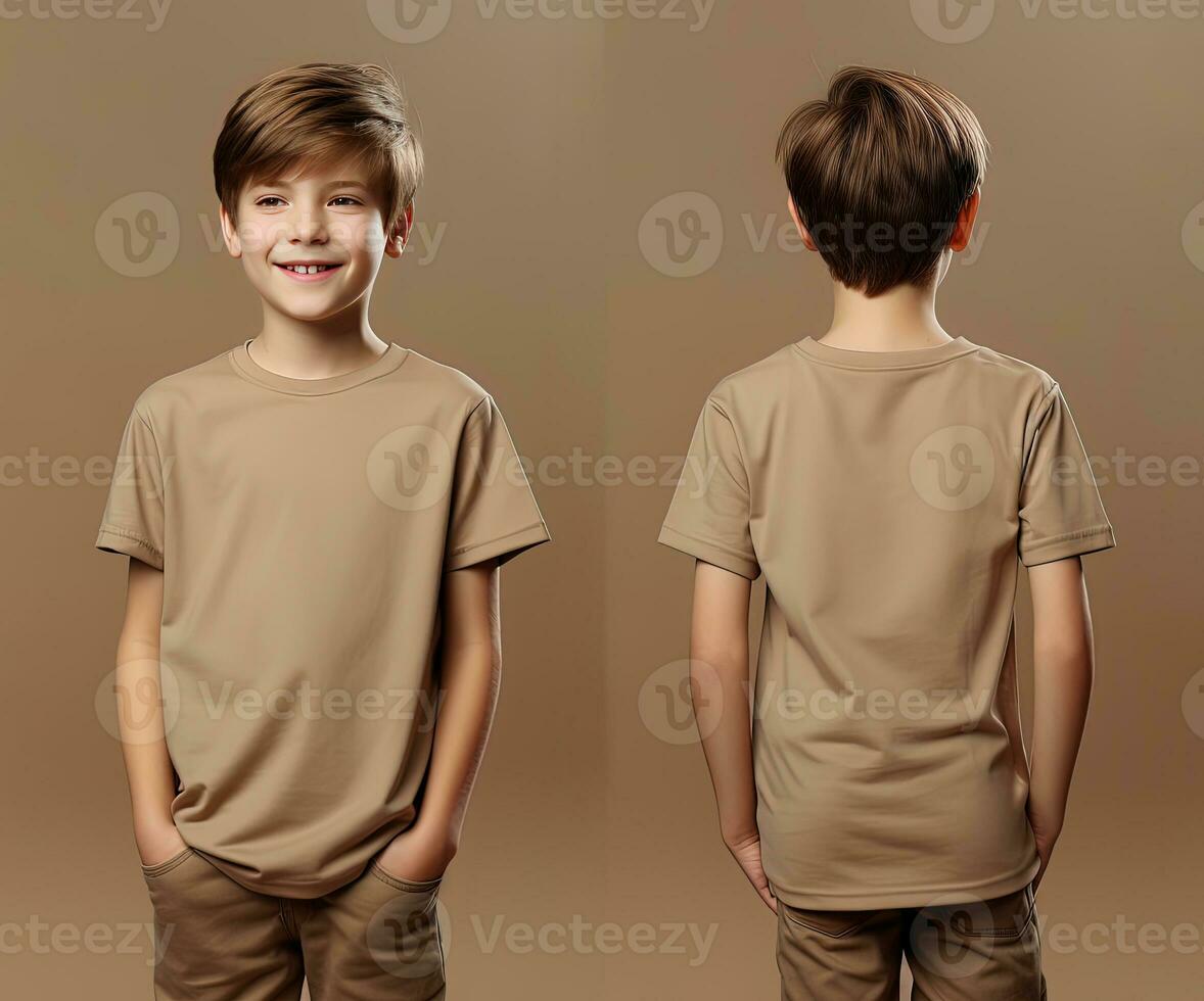 Front and back views of a little boy wearing a beige T-shirt. ai generated photo