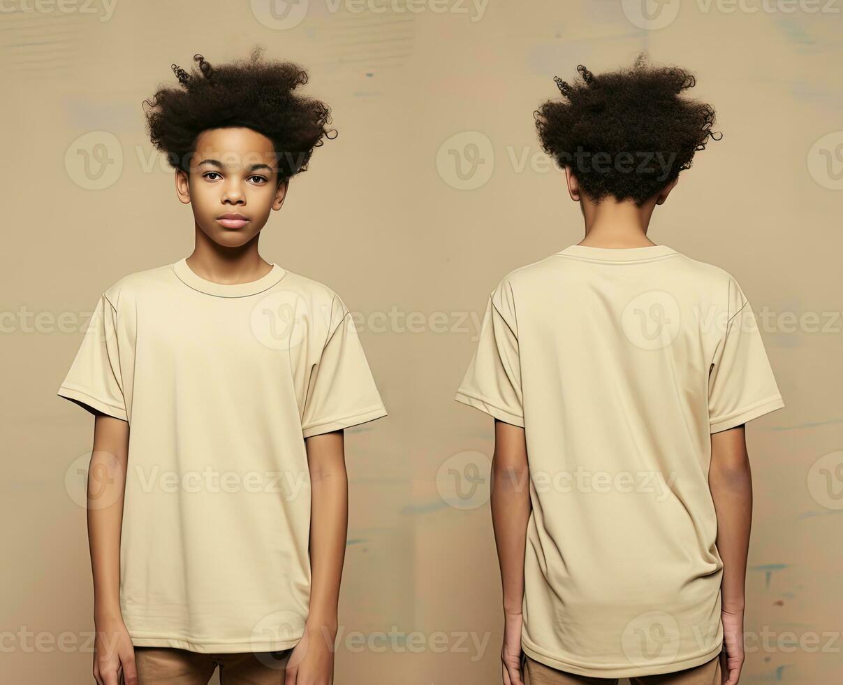 Front and back views of a little boy wearing a beige T-shirt. ai generated photo