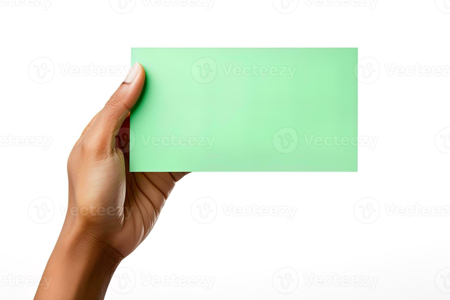 A human hand holding a blank sheet of green paper or card isolated on a white background. ai generated photo