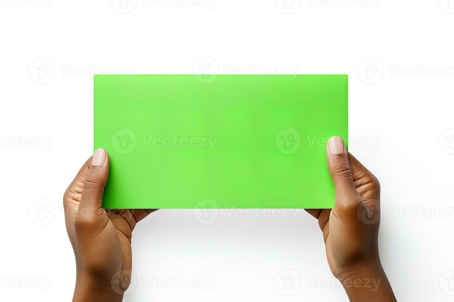 A human hand holding a blank sheet of green paper or card isolated on a white background. ai generated photo