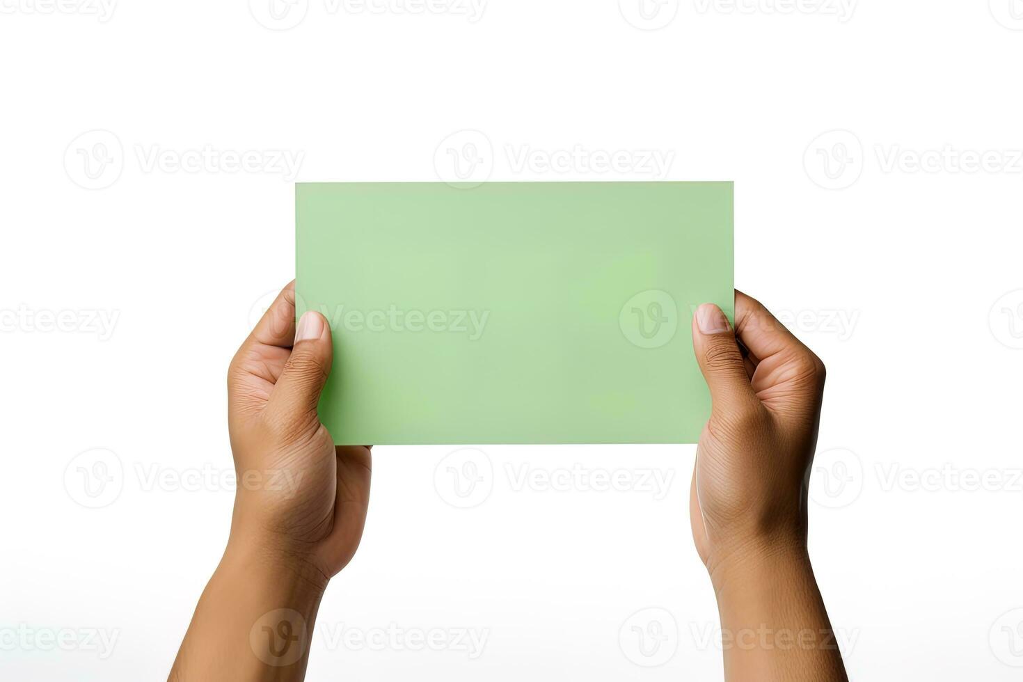 A human hand holding a blank sheet of green paper or card isolated on a white background. ai generated photo