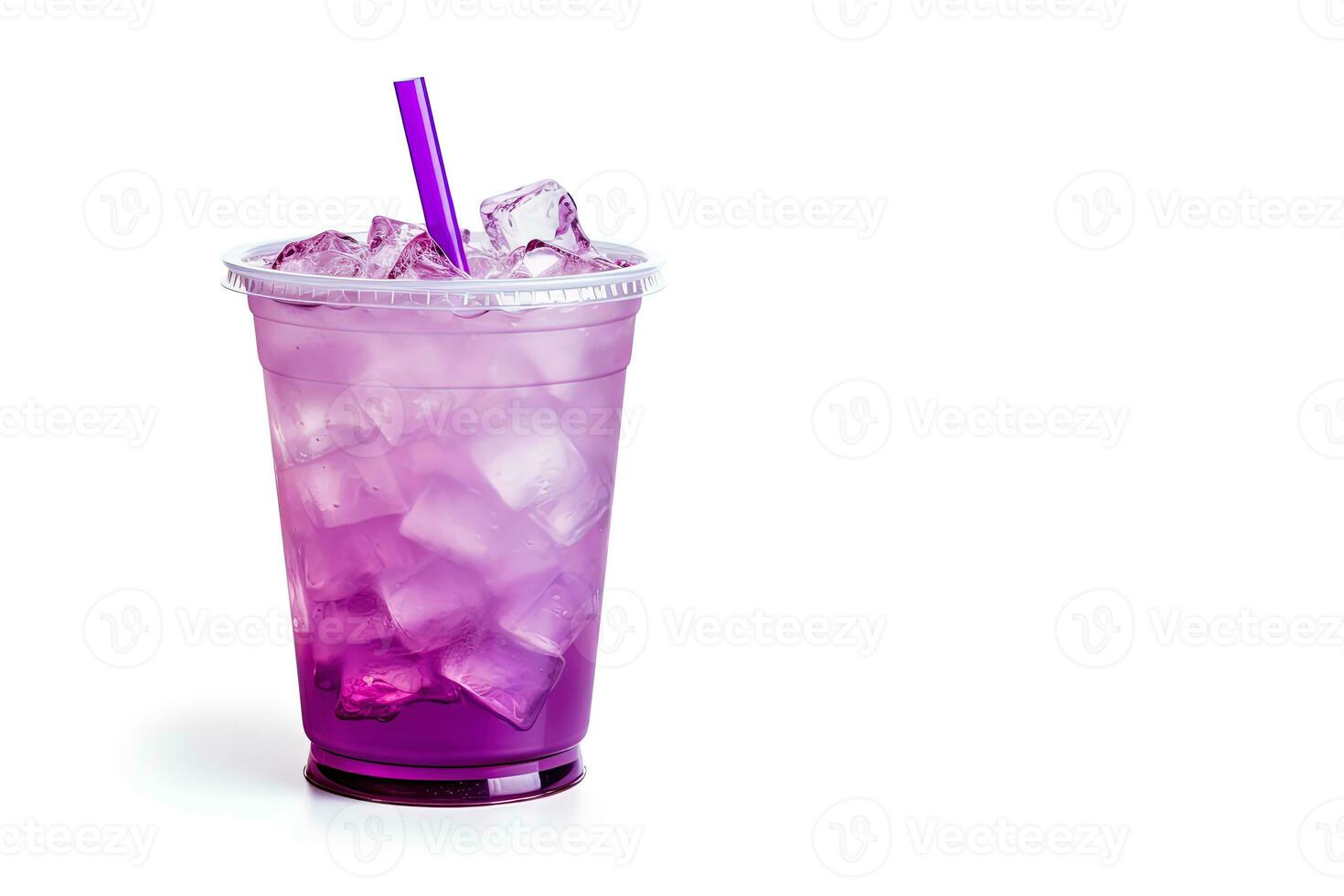 Purple drink in a plastic cup isolated on a white background. Take away drinks concept with copy space. ai generated photo