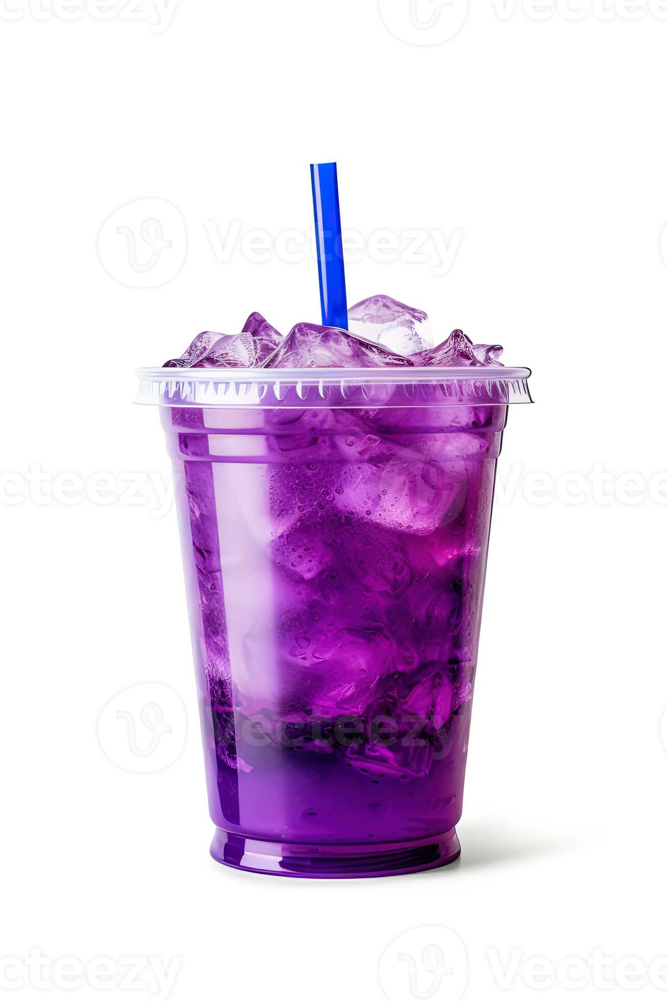 Violet glass cup with lid and straw on a white background isolated