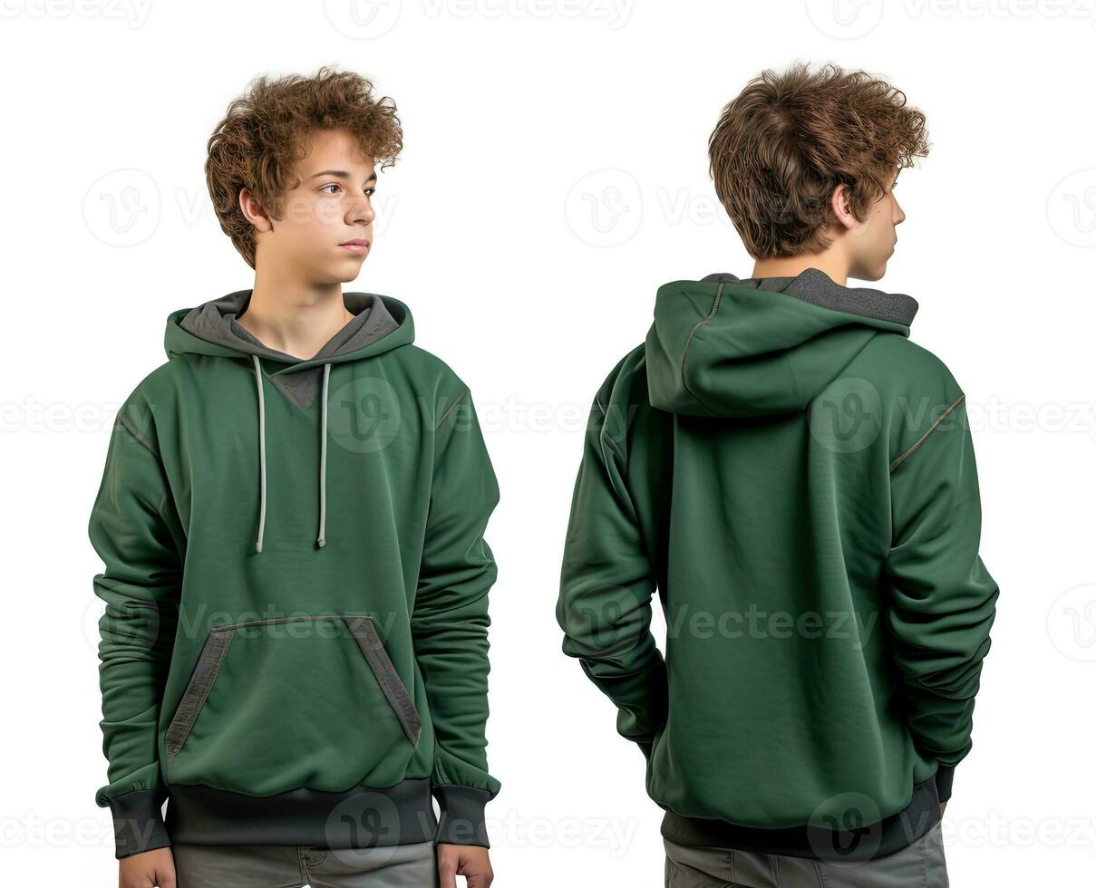 Front and back view of a green hoodie mockup for design print. ai generated photo