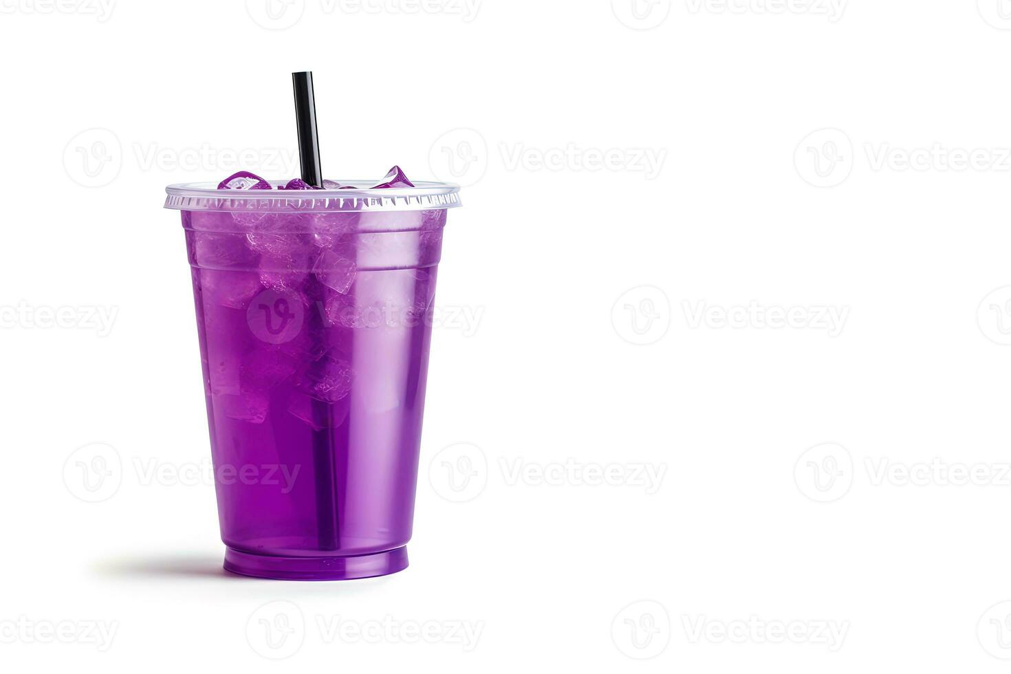 Purple drink in a plastic cup isolated on a white background. Take away drinks concept with copy space. ai generated photo