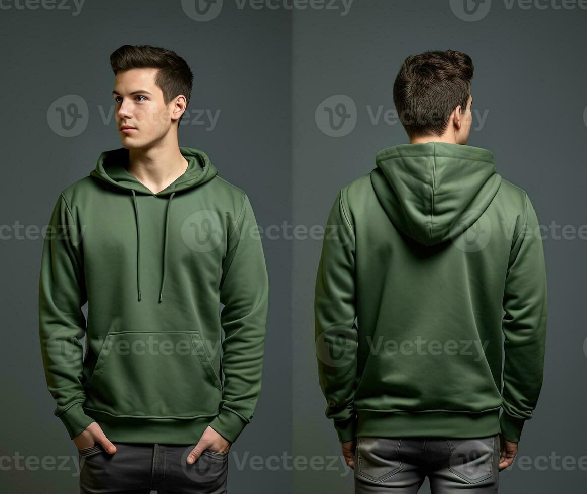 Front and back view of a green hoodie mockup for design print. ai generated photo