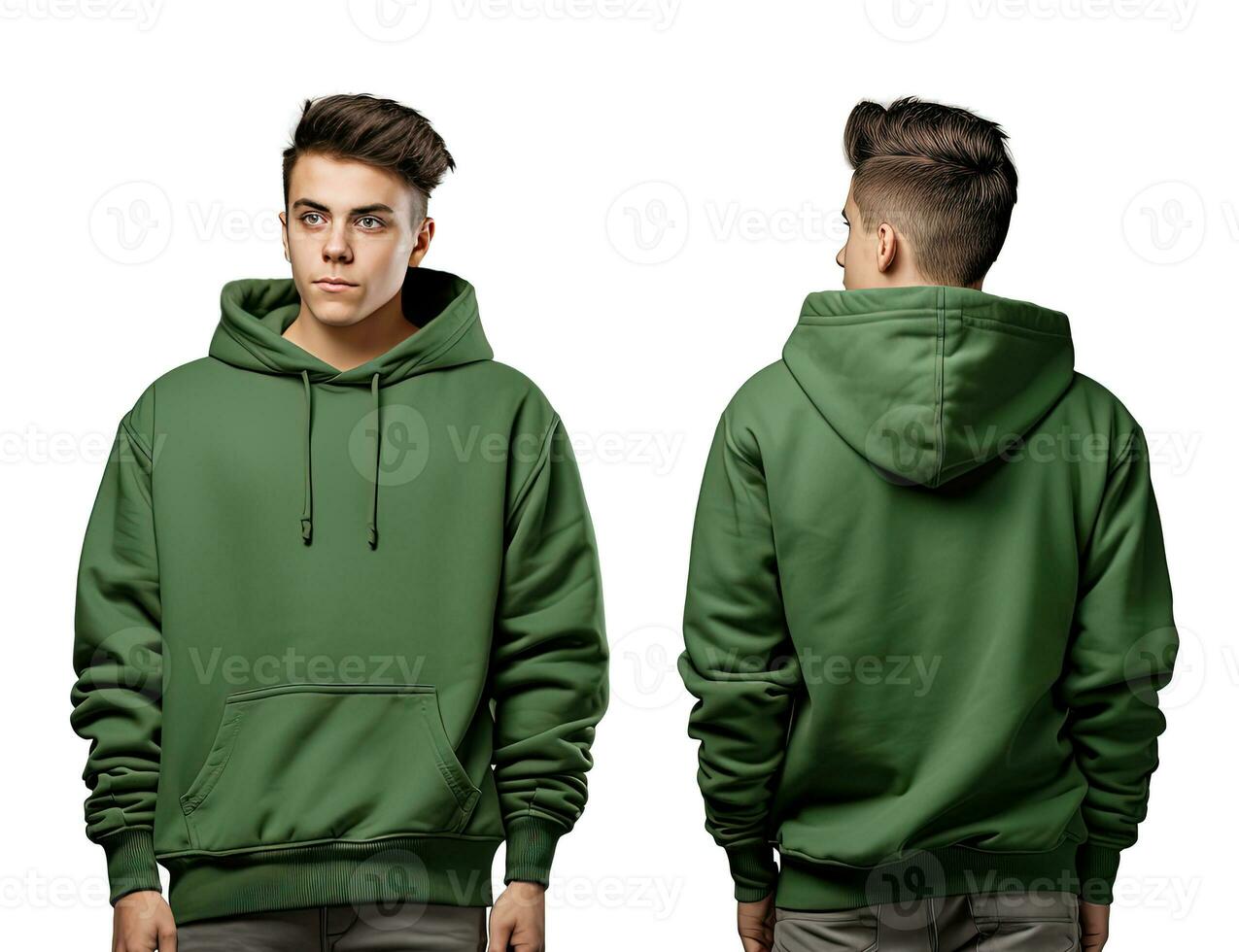 Front and back view of a green hoodie mockup for design print. ai generated photo