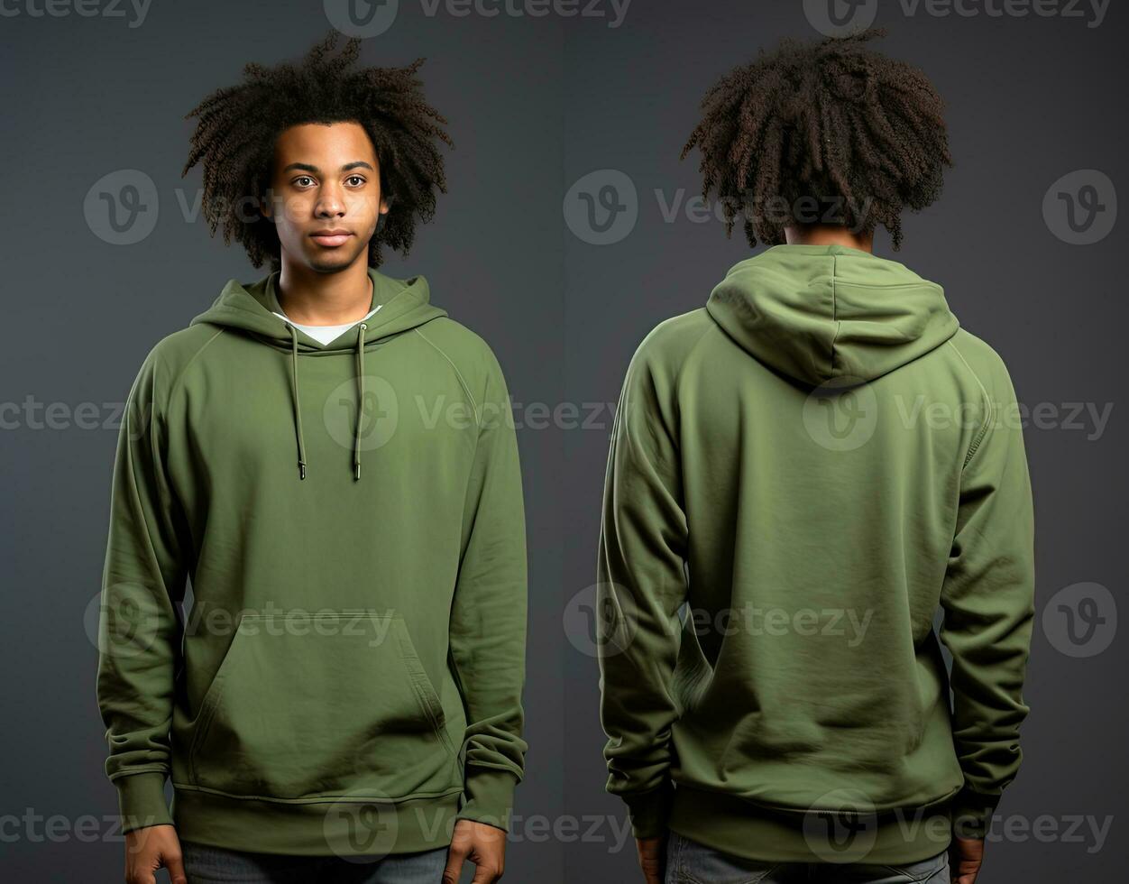 Front and back view of a green hoodie mockup for design print. ai generated photo